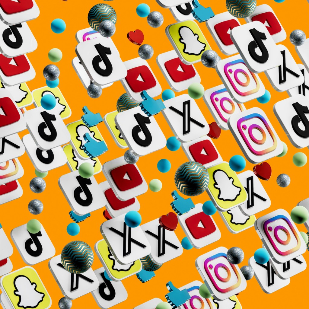 3D social media app icons including YouTube, TikTok, Instagram, and X on an orange background
