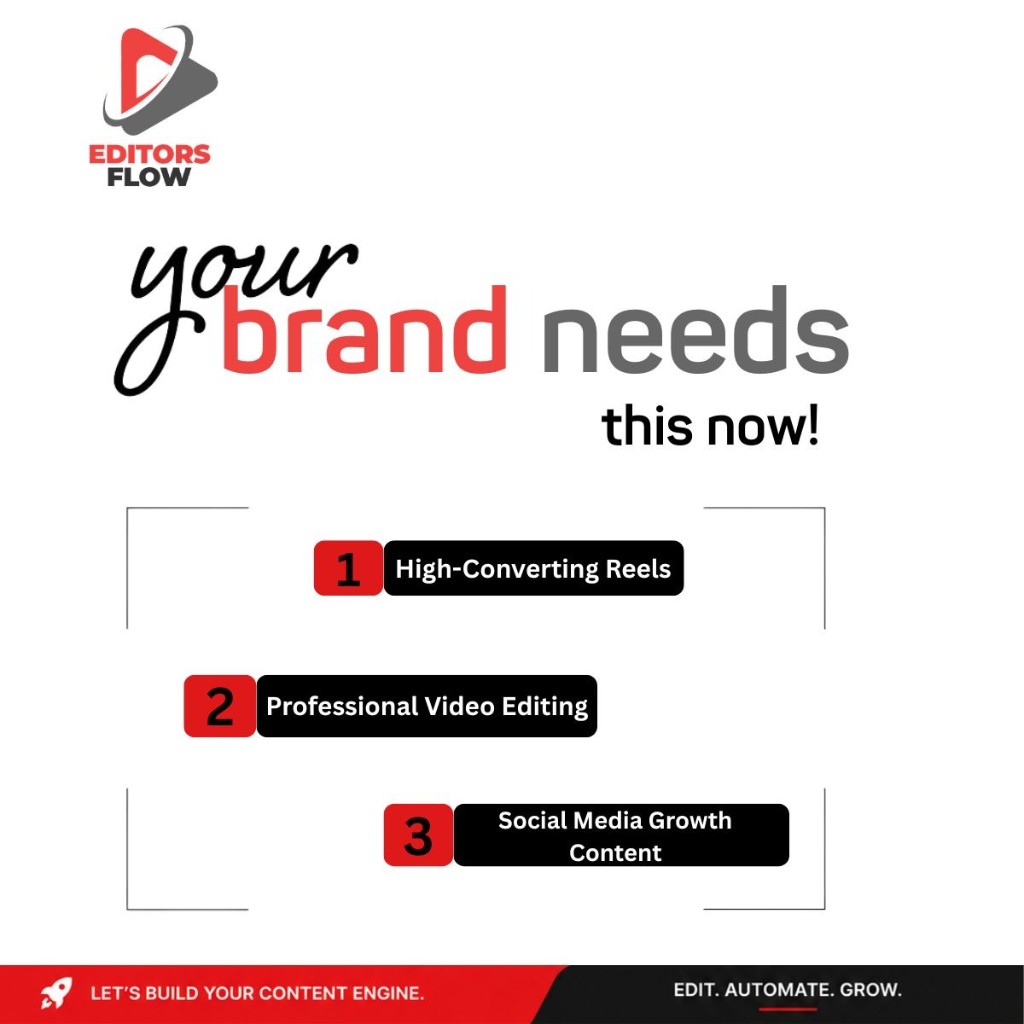 Editors Flow promotional graphic — high-converting reels, professional video editing, and social media growth content